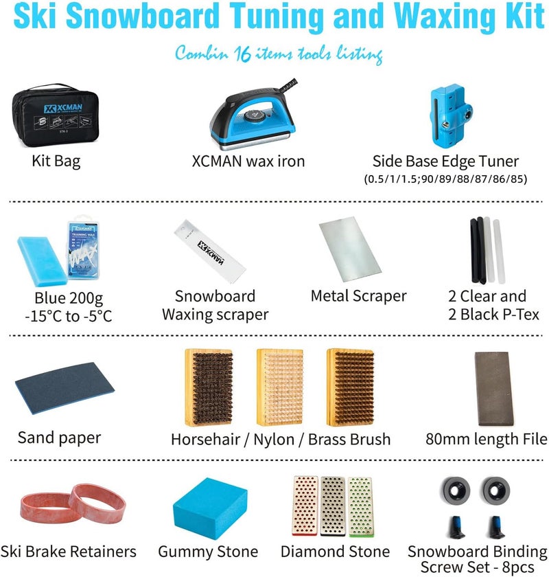 XCMAN Complete Ski Snowboard Tuning Waxing Combo Kit with Waxing Iron,Ski Wax,Side Base Edge Tuner,Ptex Base Repair,Gummy Stone,Diamond Stones for Ski Snowboard EdgeTuning - Image 5